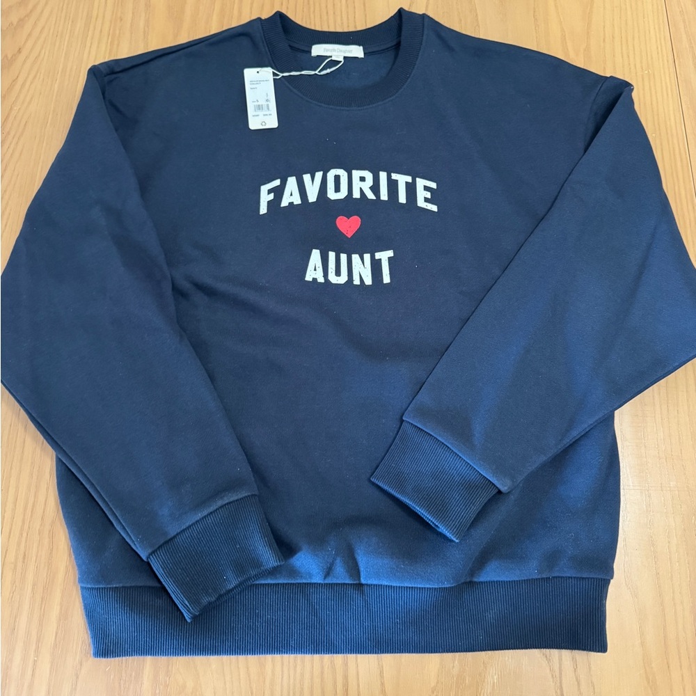 NWT Favorite Daughter Favorite Aunt Navy Blue Crew Neck Sweater